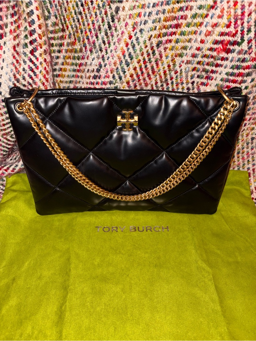 Tory Burch Kira Black Quilted Leather Shoulder Bag with Gold Chain